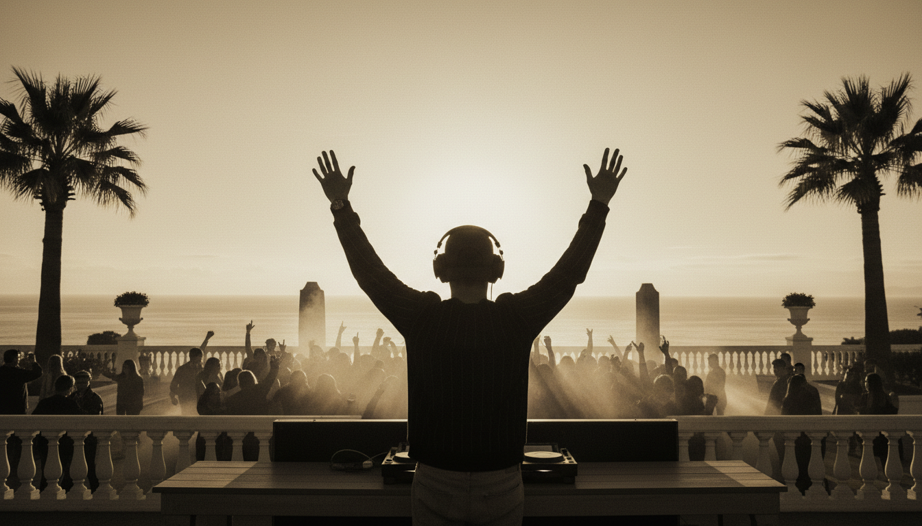 WAWAN en silhouette bras levés devant la foule au coucher du soleil